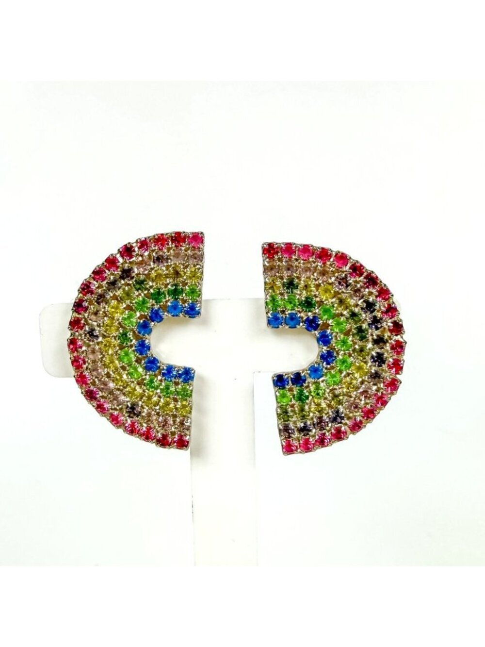Vintage Dorothy Bauer Rhinestone Rainbow Silver Tone Clip-On Earrings